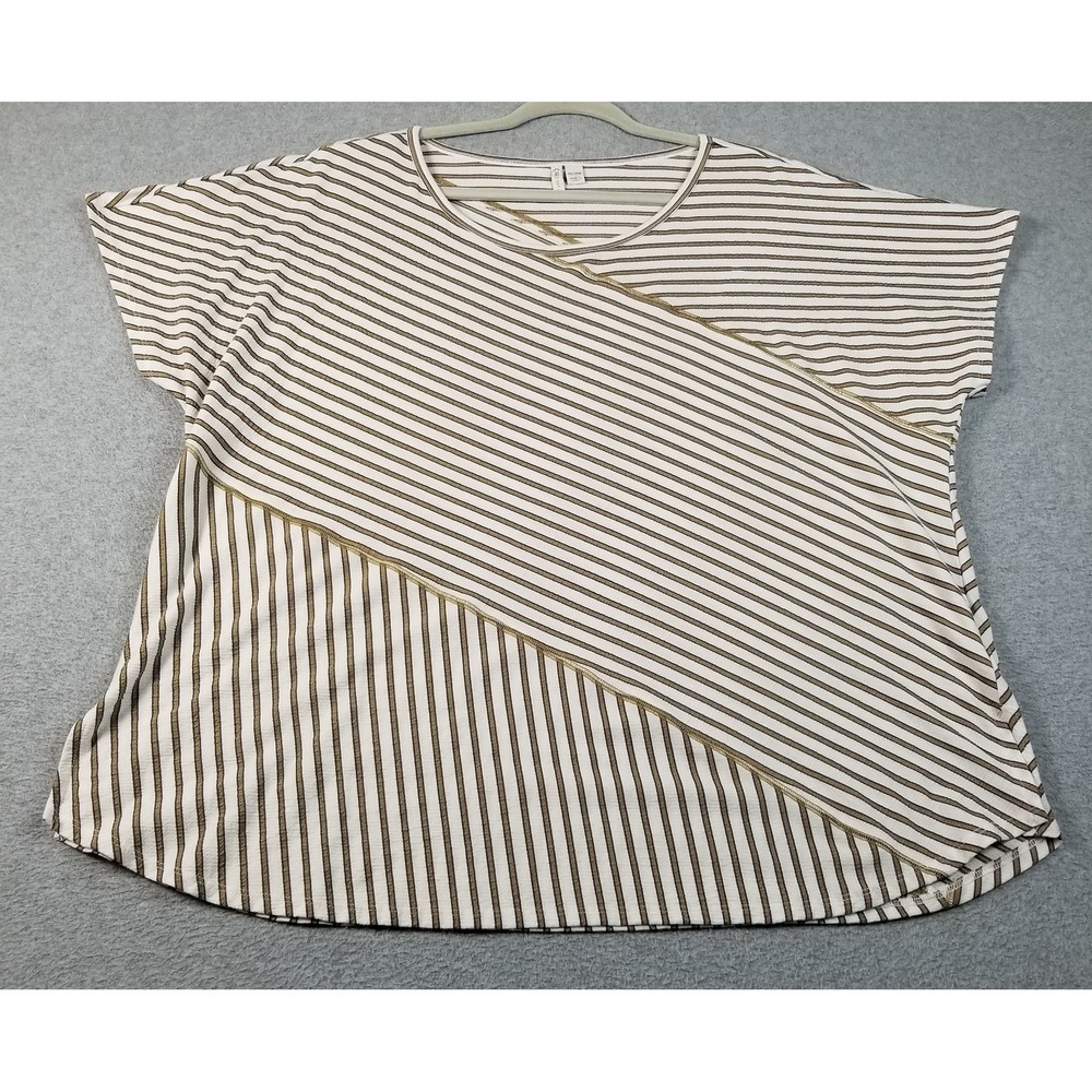 CATO Top Women's 18W 20W Plus Brown Black White Asymmetric Striped Short Sleeve